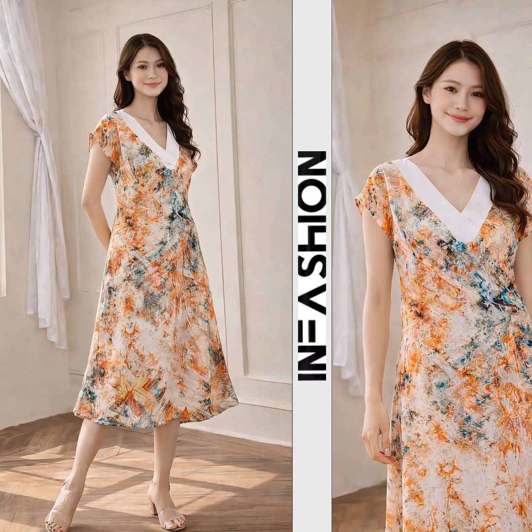  Đầm lụa nữ tay liền cổ phối V cột eo họa tiết 