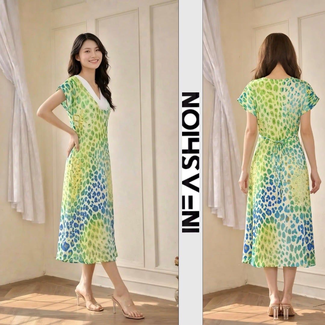  Đầm lụa nữ tay liền cổ phối V cột eo họa tiết 