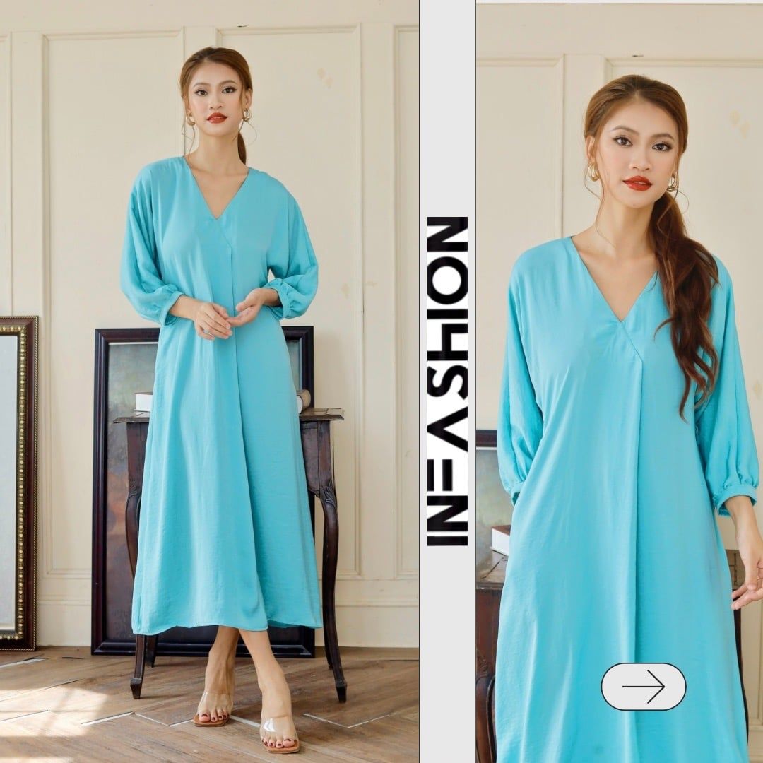  Đầm midi lụa tay liền dài cổ V Infashion 