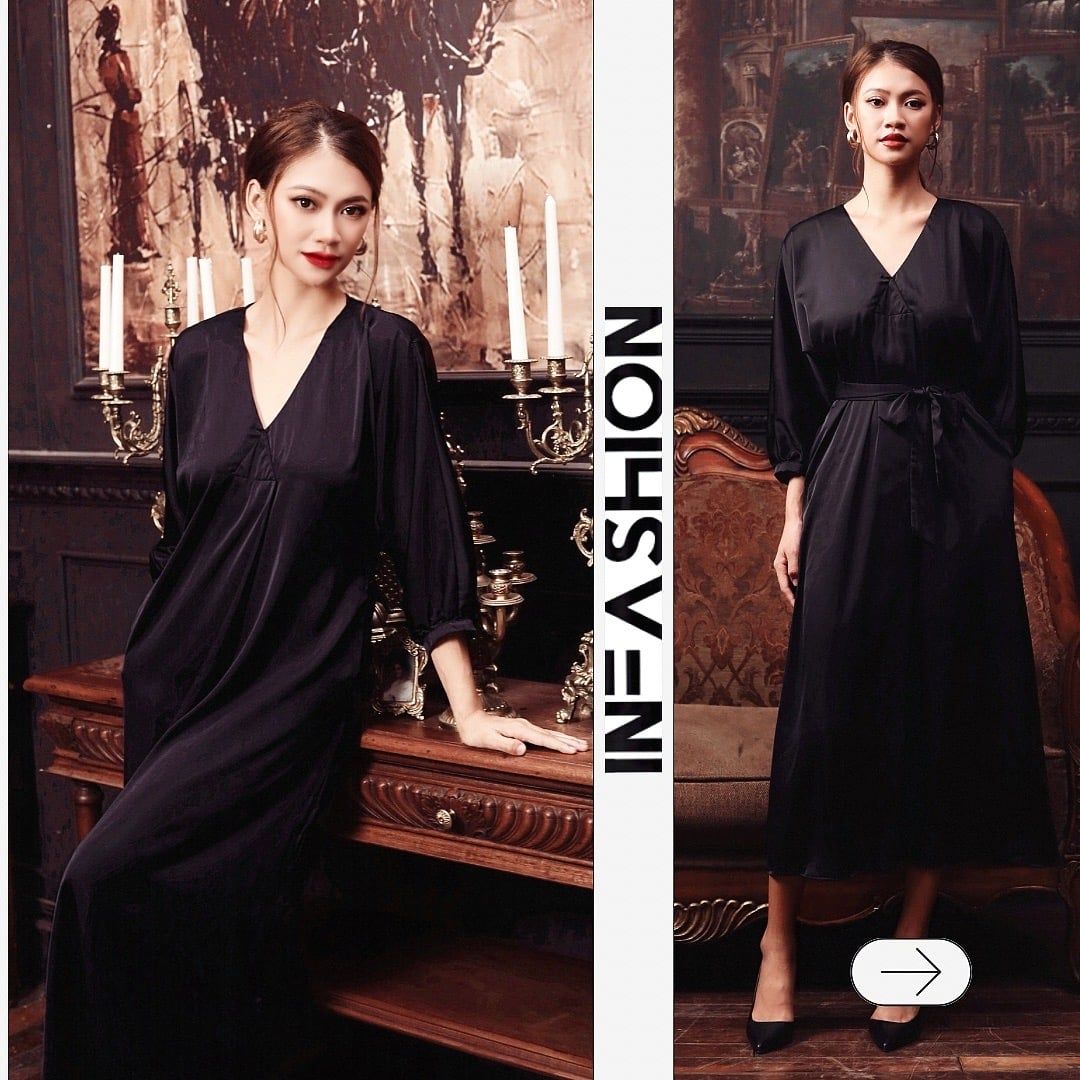  Đầm midi lụa tay liền dài cổ V Infashion 
