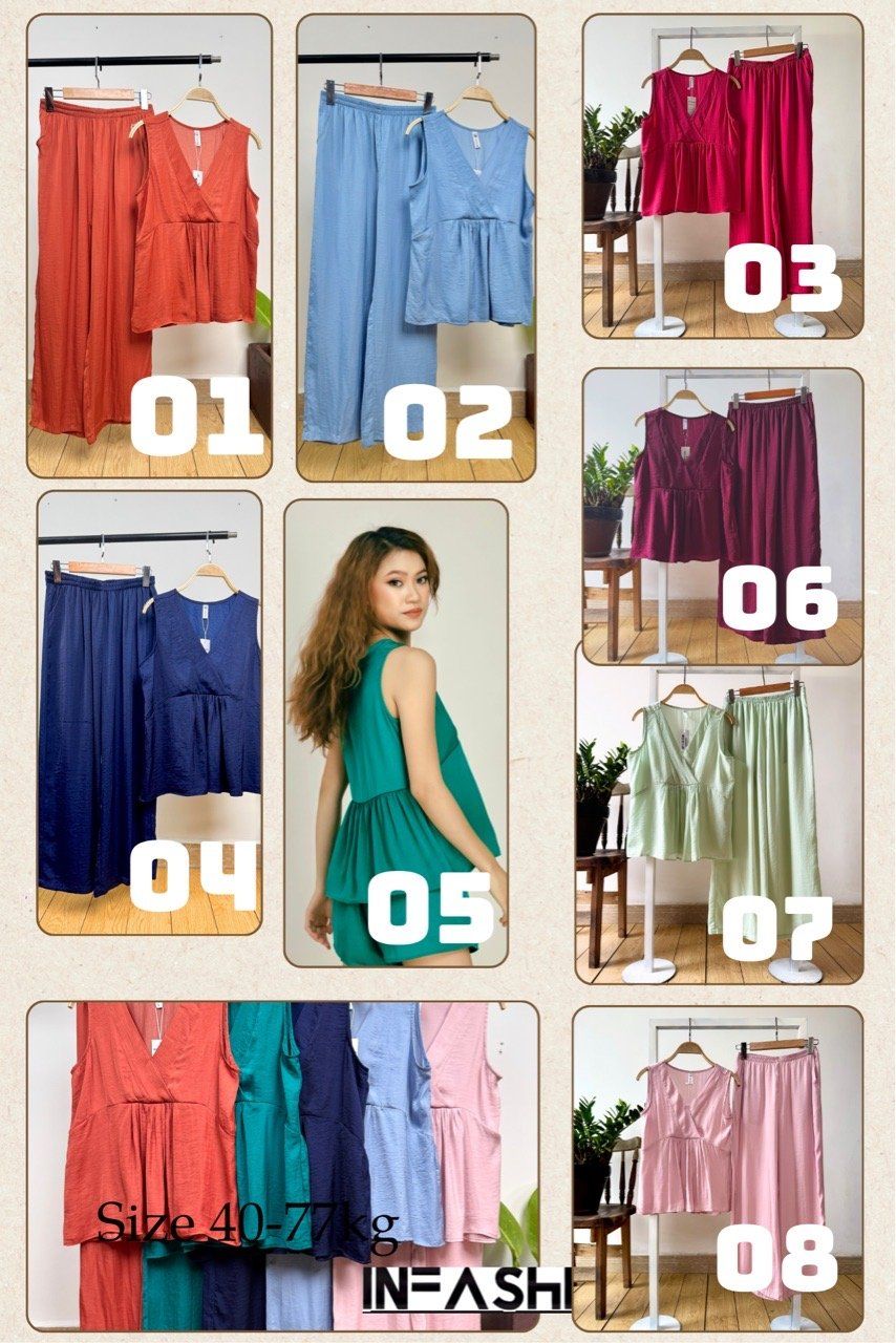  Đồ bộ dài cổ V nhún ống rộng 