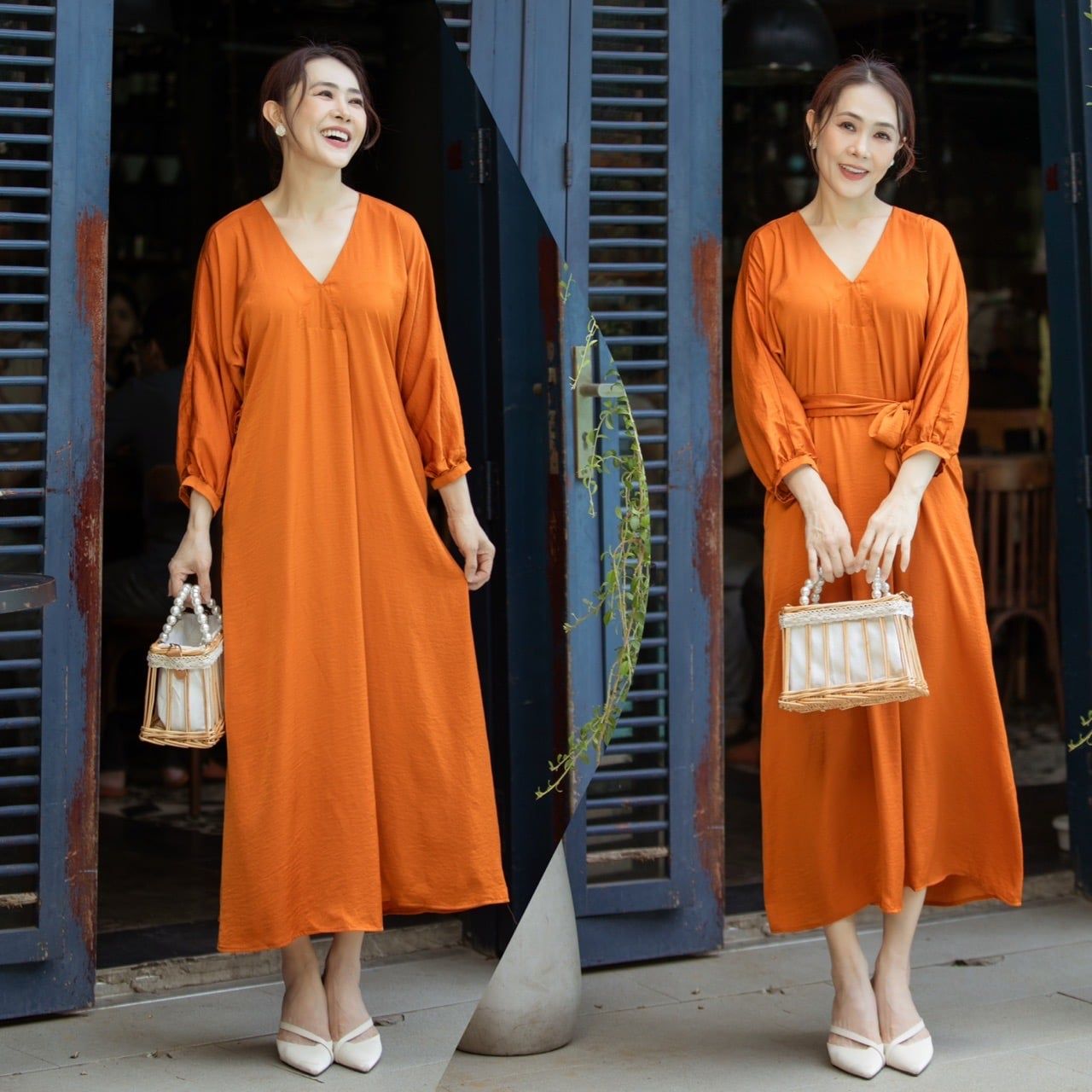  Đầm midi lụa tay liền dài cổ V Infashion 
