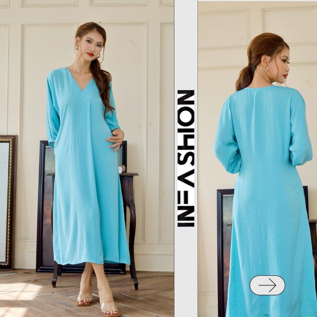  Đầm midi lụa tay liền dài cổ V Infashion 
