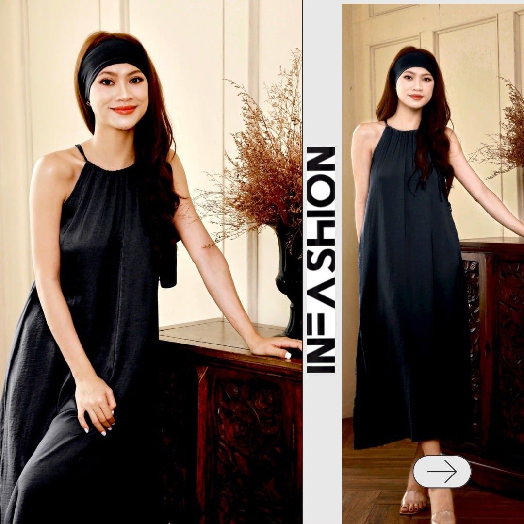  Đầm lụa suông cổ yếm kèm dây buộc eo 