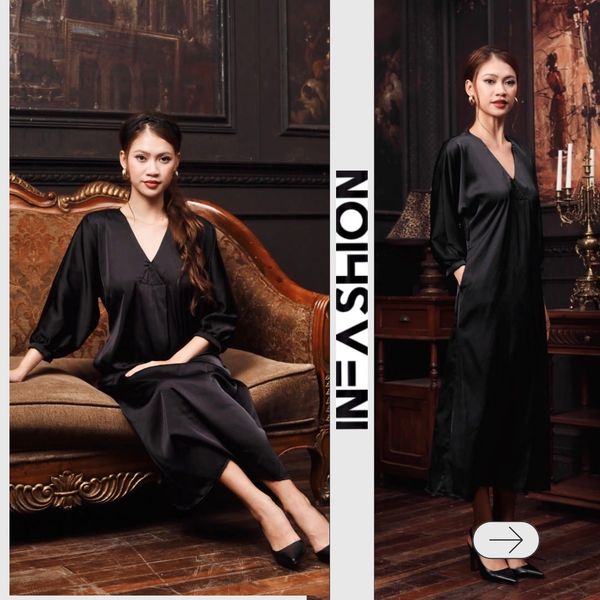  Đầm midi lụa tay liền dài cổ V Infashion 