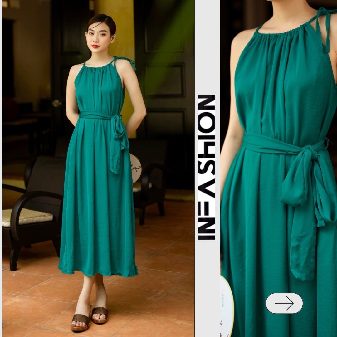  Đầm lụa suông cổ yếm kèm dây buộc eo 