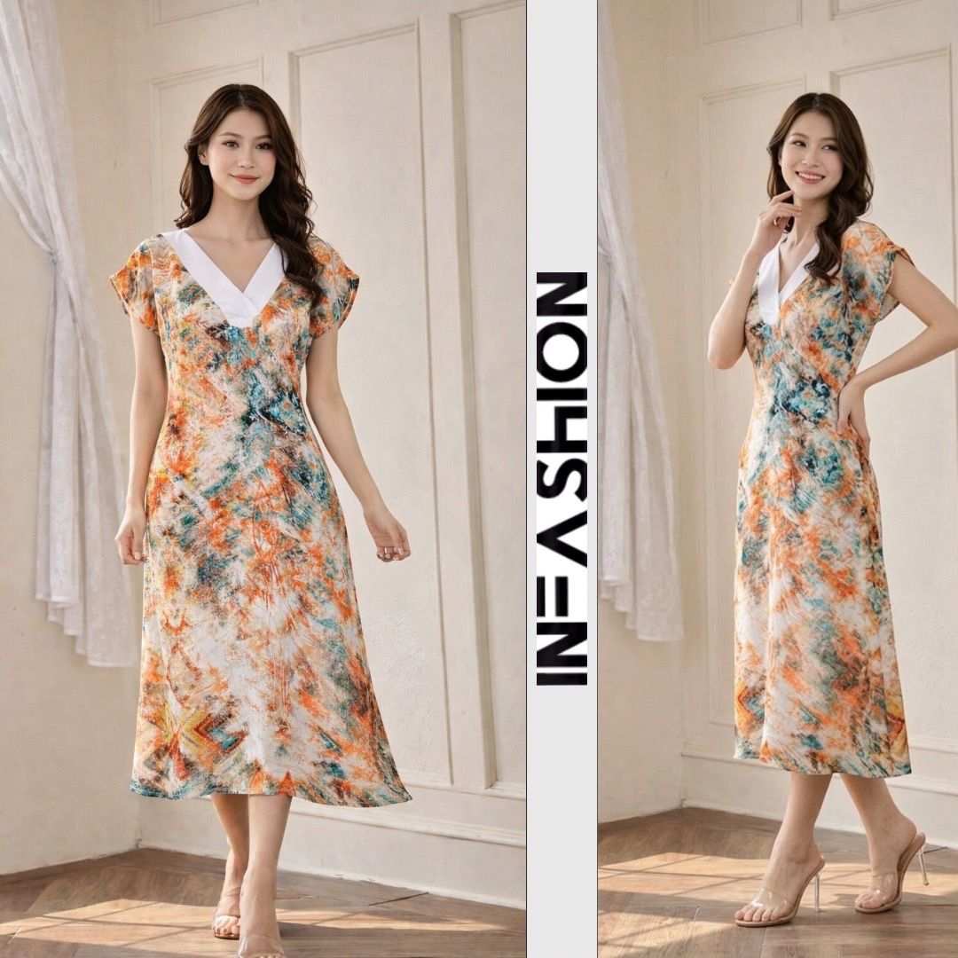  Đầm lụa nữ tay liền cổ phối V cột eo họa tiết 