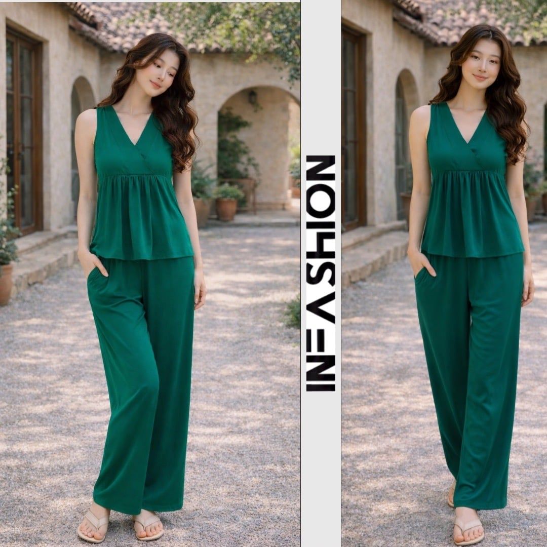  Đồ bộ dài cổ V nhún ống rộng 