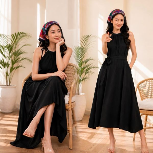  Đầm lụa suông cổ yếm kèm dây buộc eo 