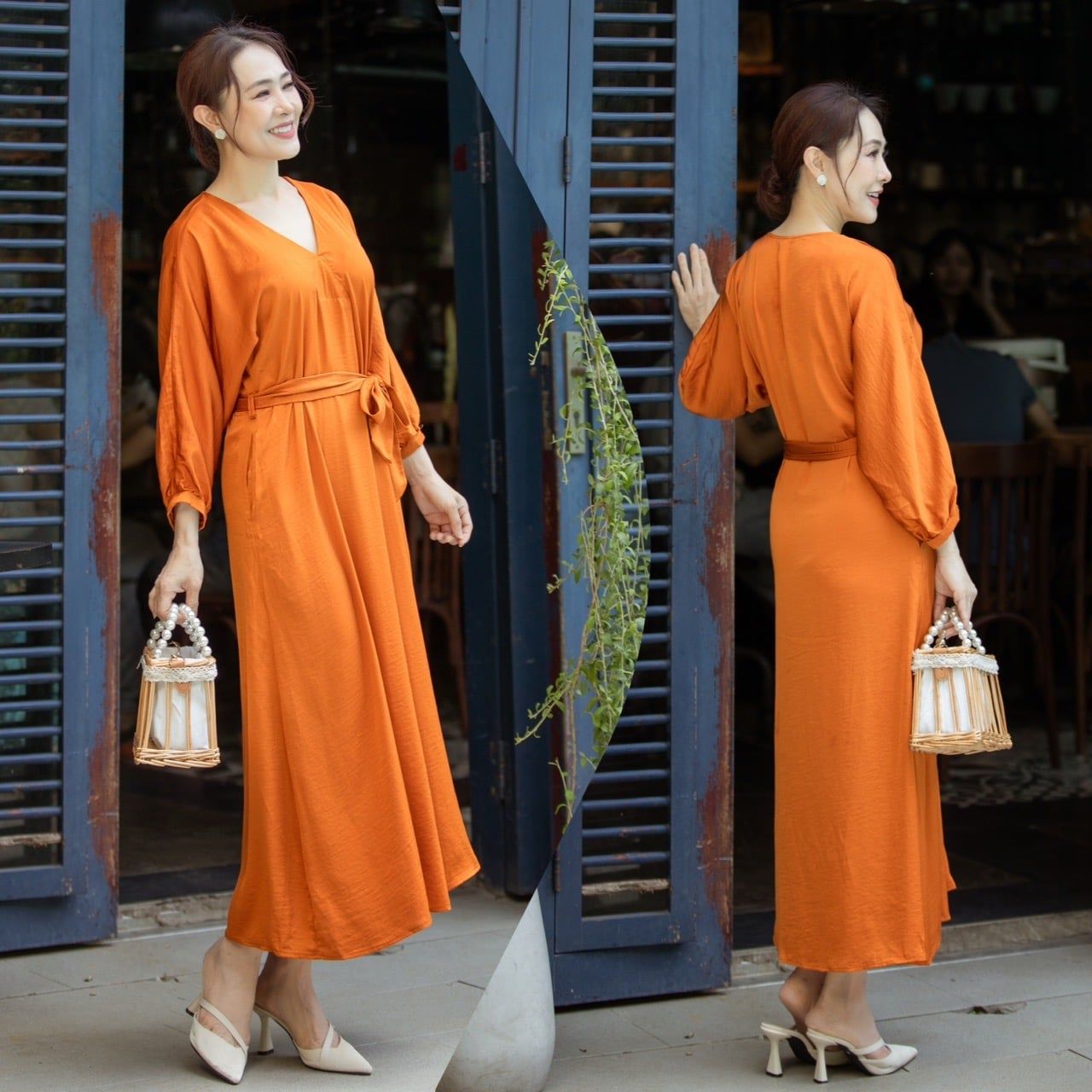  Đầm midi lụa tay liền dài cổ V Infashion 