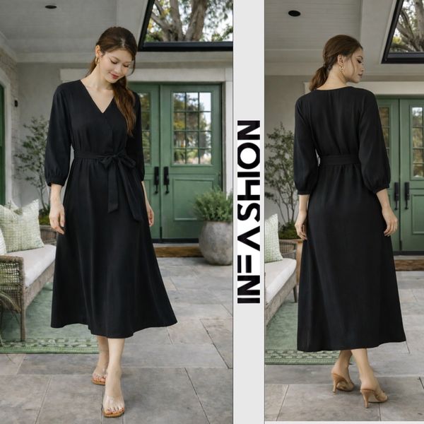  Đầm midi lụa tay liền dài cổ V Infashion 