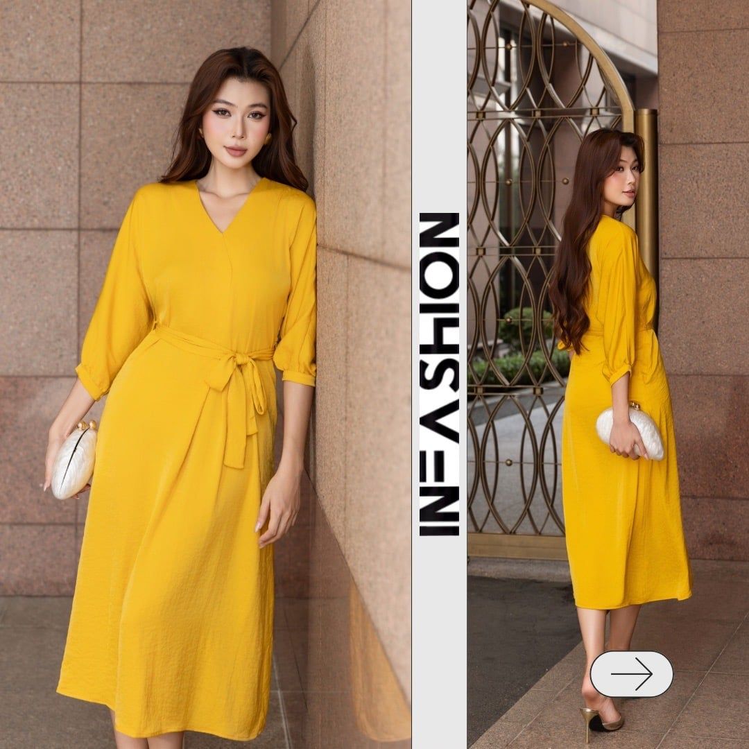  Đầm midi lụa tay liền dài cổ V Infashion 
