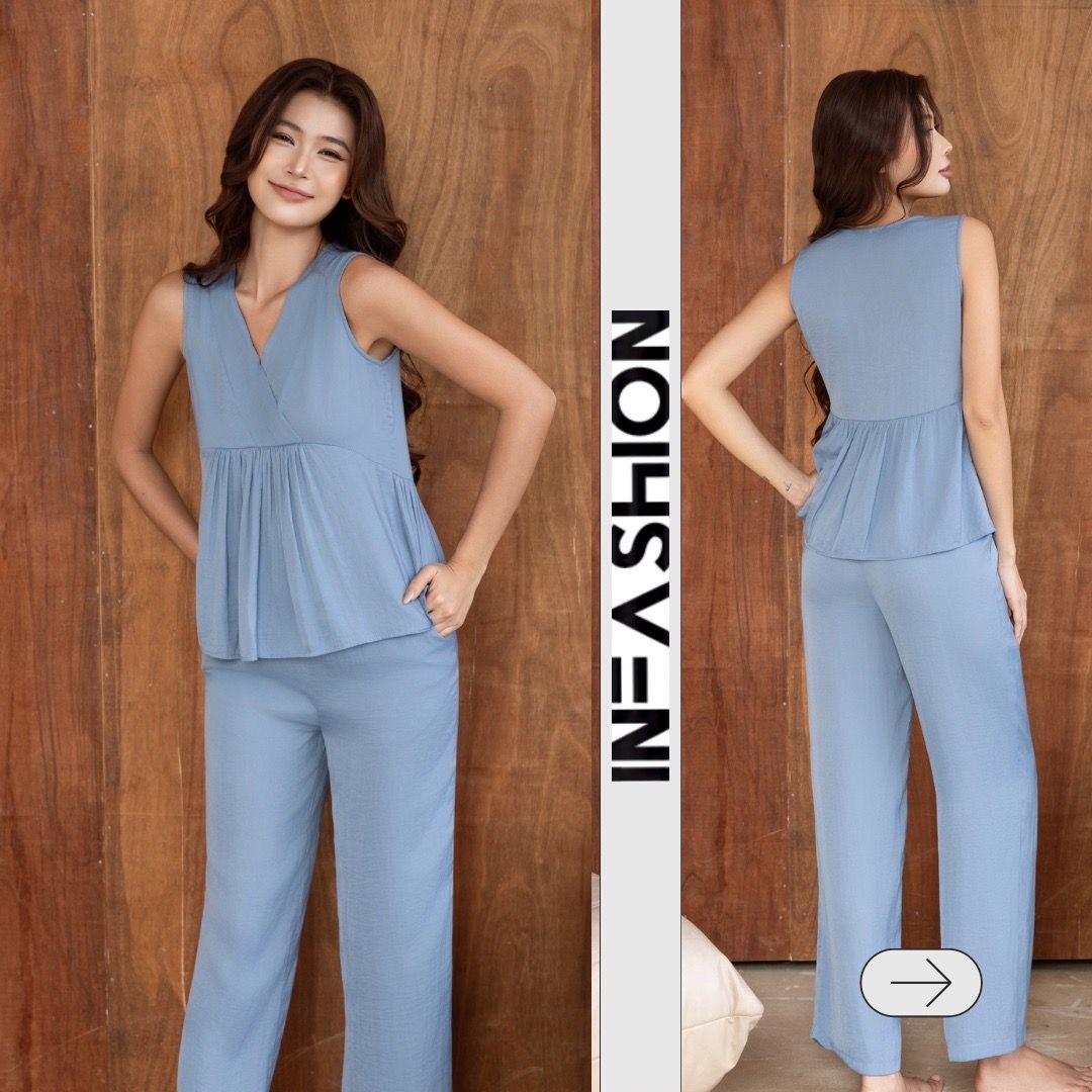  Đồ bộ dài cổ V nhún ống rộng 