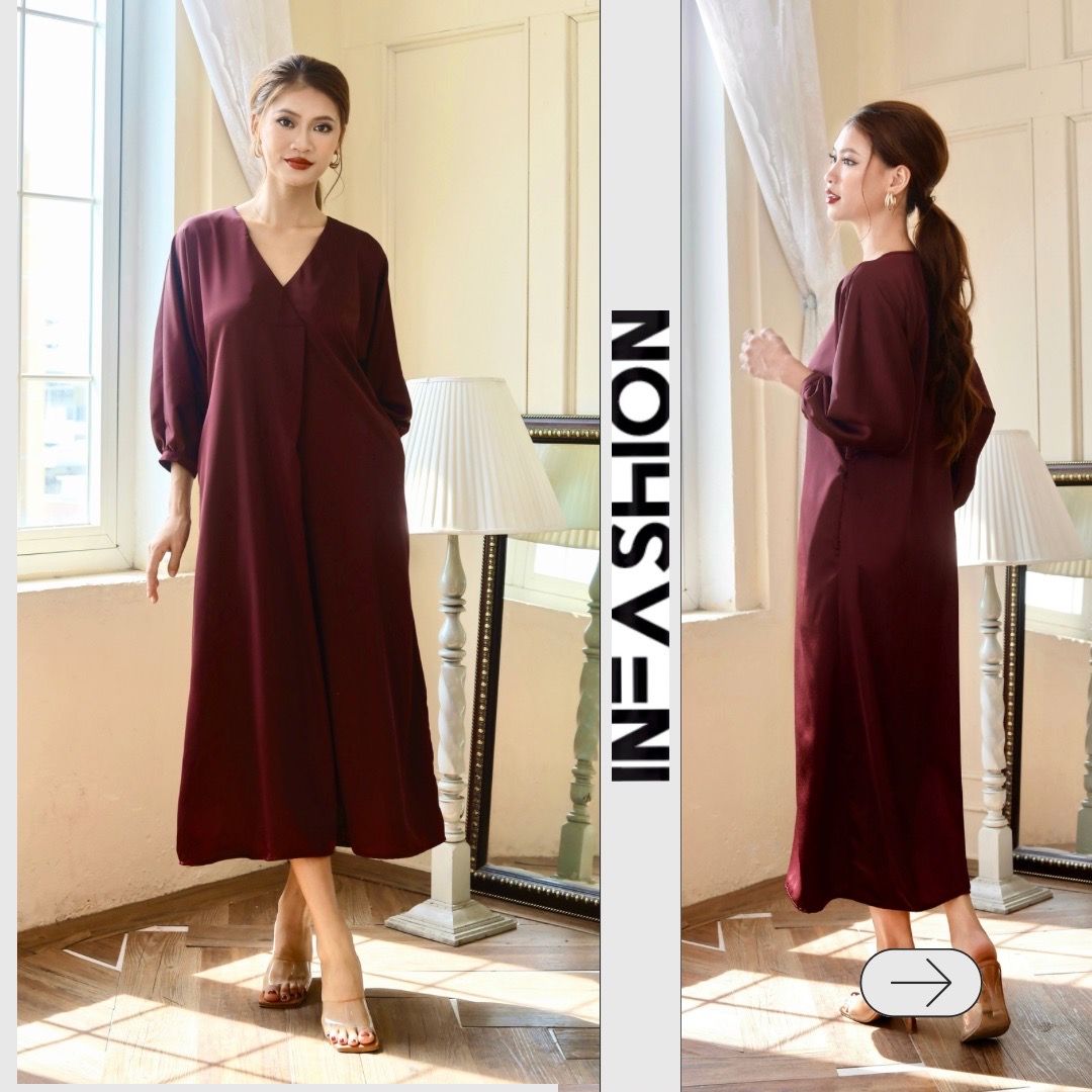  Đầm midi lụa tay liền dài cổ V Infashion 