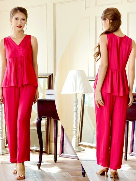  Đồ bộ dài cổ V nhún ống rộng 