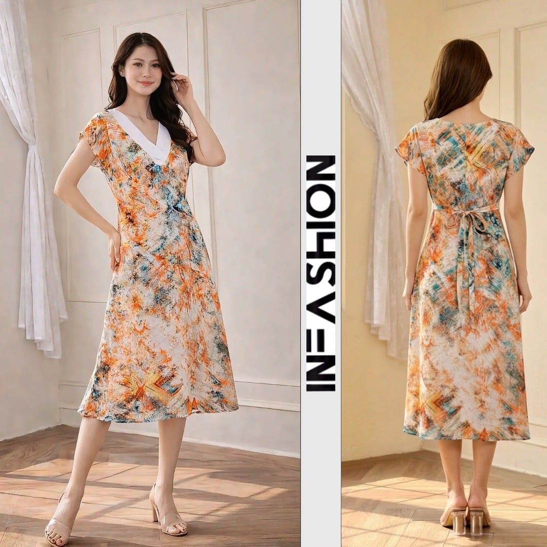  Đầm lụa nữ tay liền cổ phối V cột eo họa tiết 