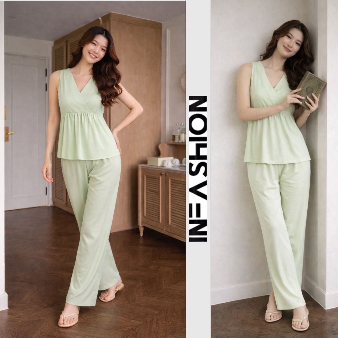  Đồ bộ dài cổ V nhún ống rộng 