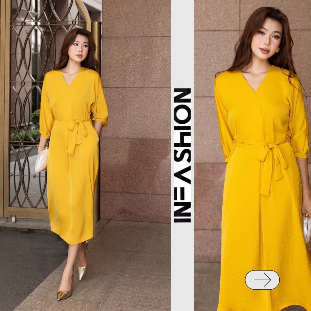  Đầm midi lụa tay liền dài cổ V Infashion 