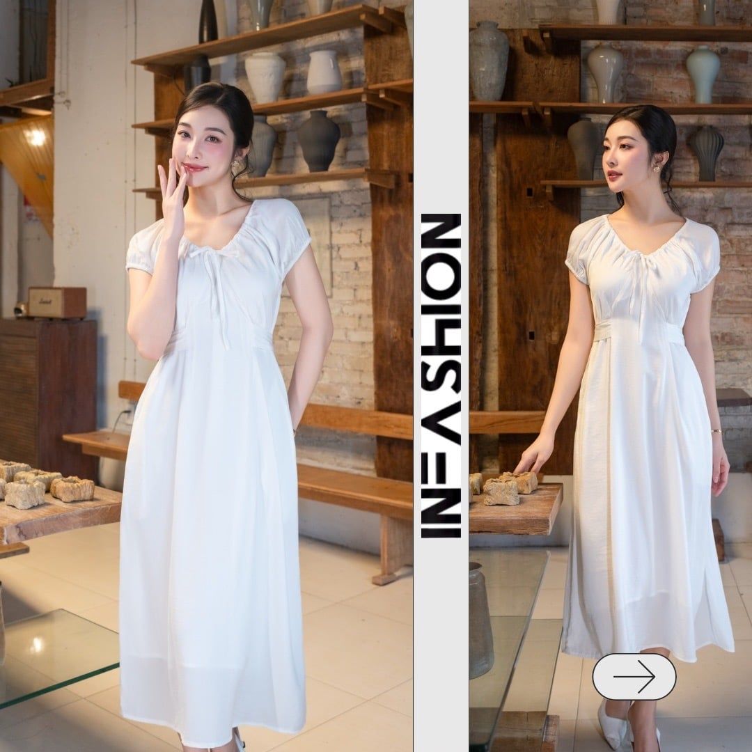  Đầm cổ rút nhún 2 lớp 