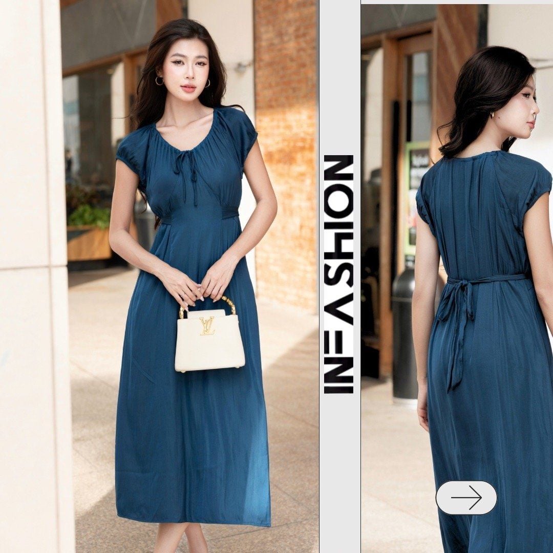  Đầm cổ rút nhún 2 lớp 