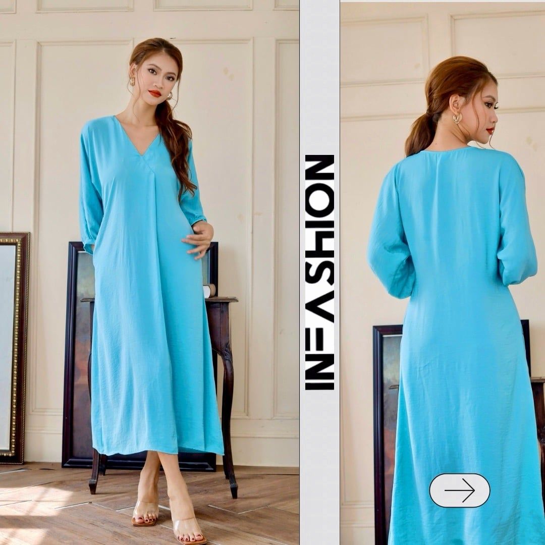  Đầm midi lụa tay liền dài cổ V Infashion 