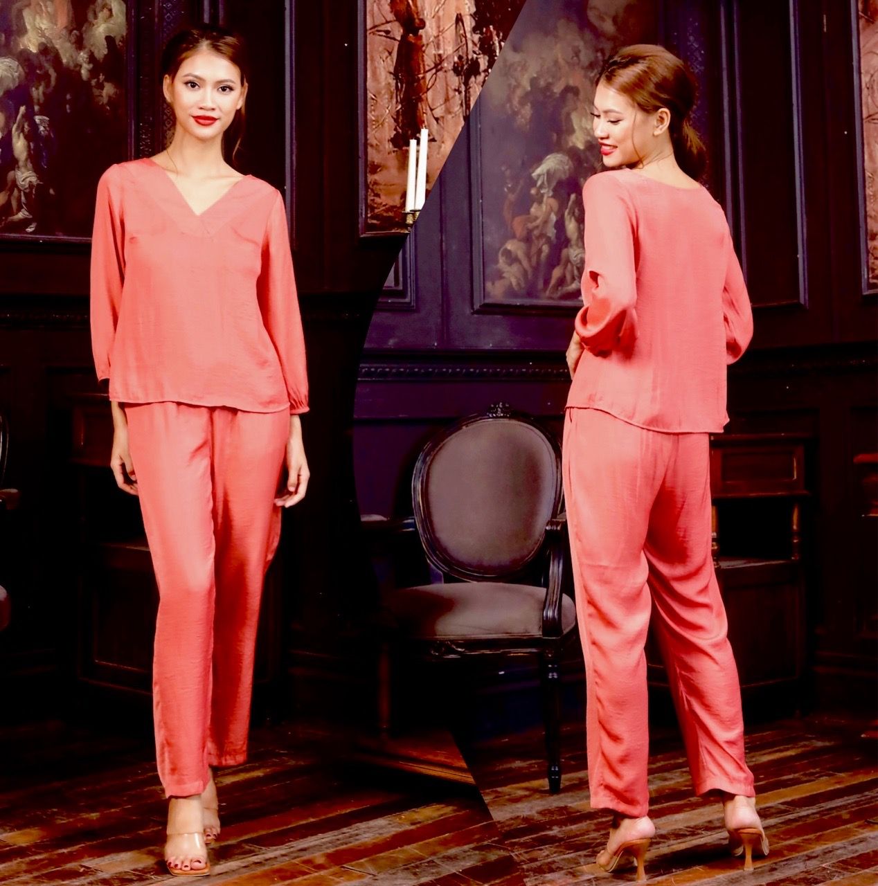  Đồ bộ dài lụa cổ V tay dài Infashion 