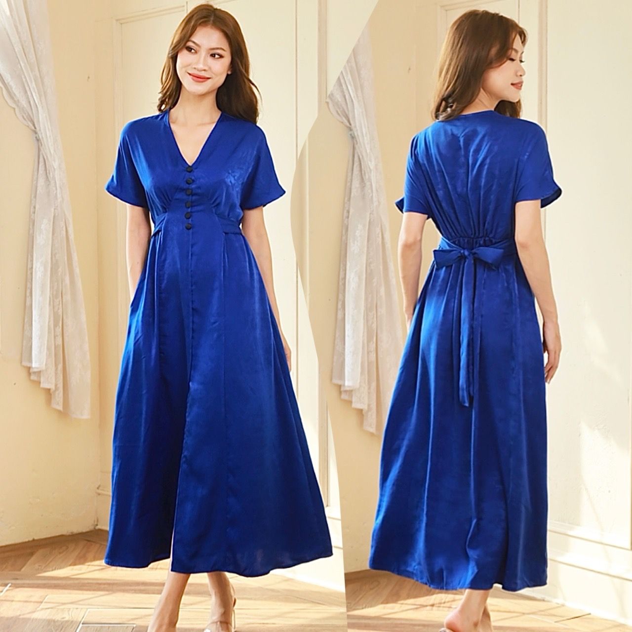  Đầm tay liền chữ A cột eo 