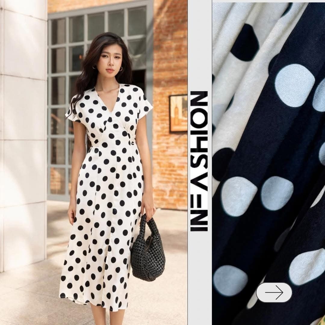  Đầm tay liền chữ A cột eo 