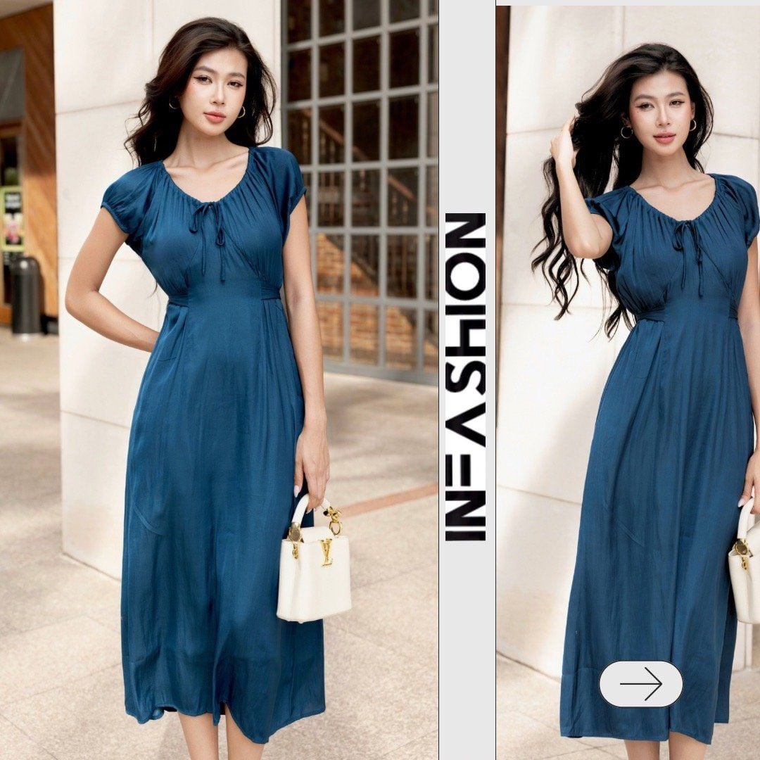  Đầm cổ rút nhún 2 lớp 