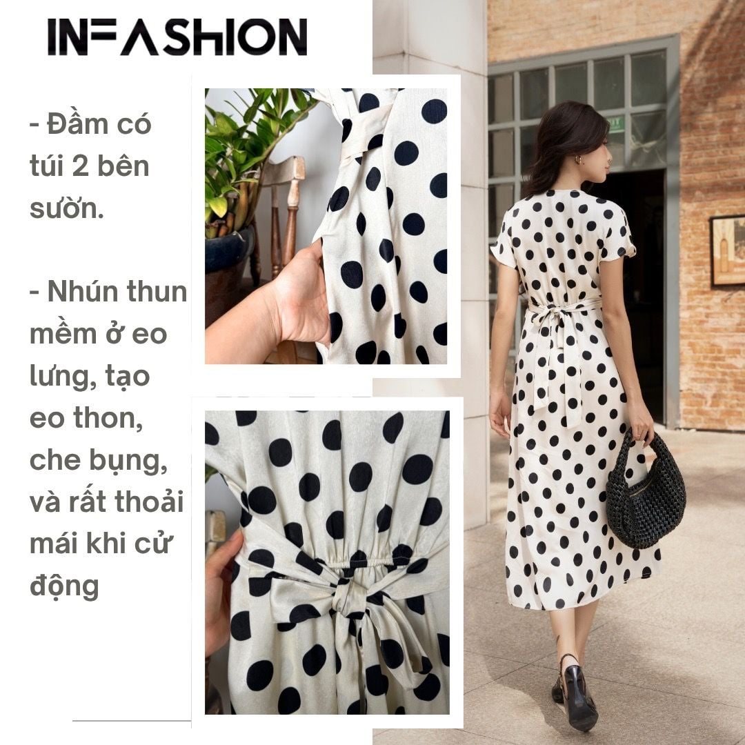  Đầm tay liền chữ A cột eo 