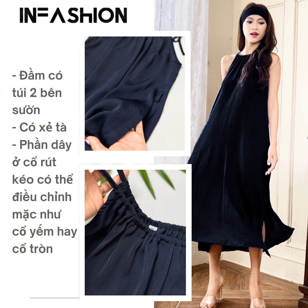  Đầm lụa suông cổ yếm kèm dây buộc eo 