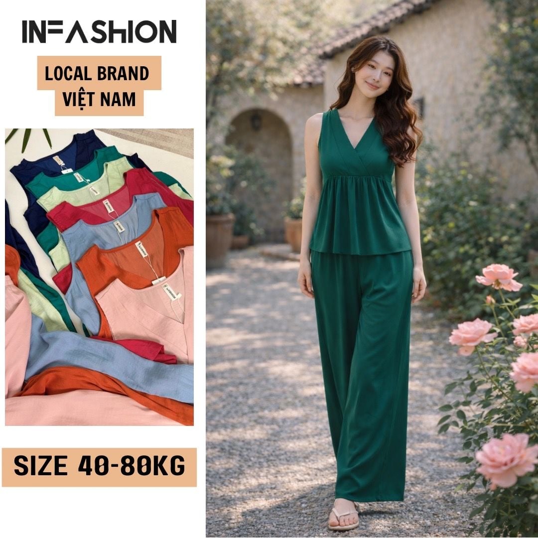  Đồ bộ dài cổ V nhún ống rộng 