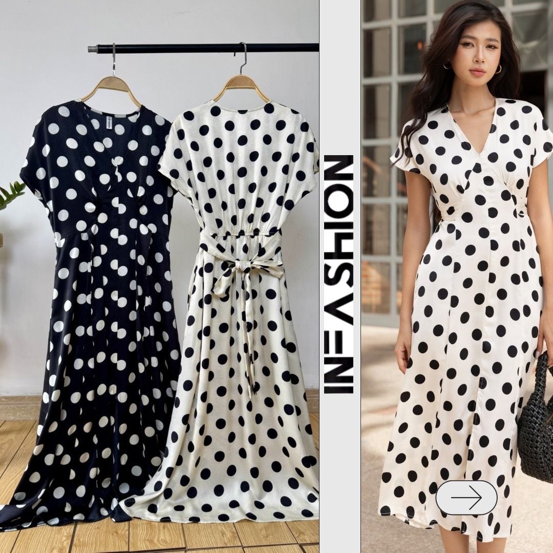  Đầm tay liền chữ A cột eo 