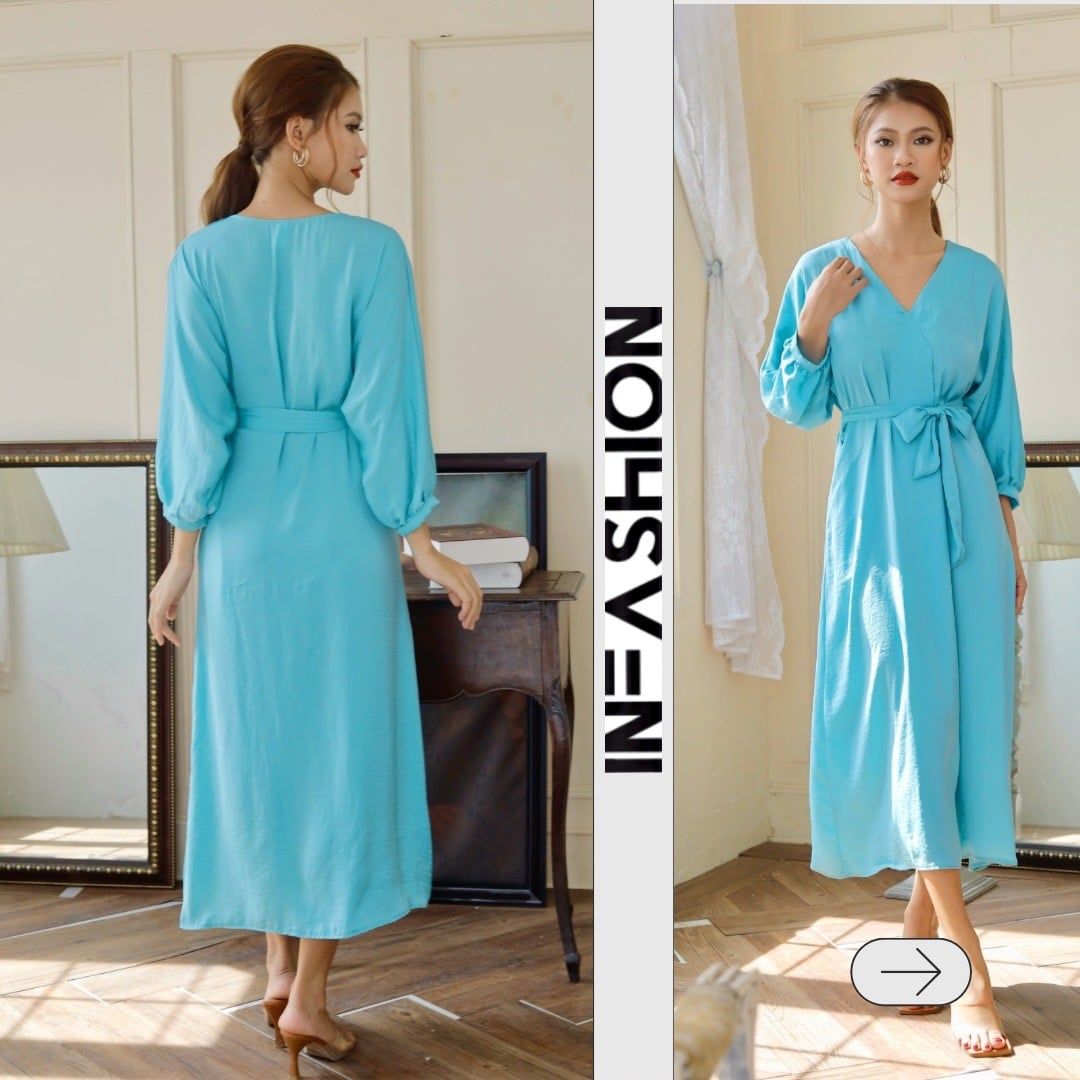  Đầm midi lụa tay liền dài cổ V Infashion 