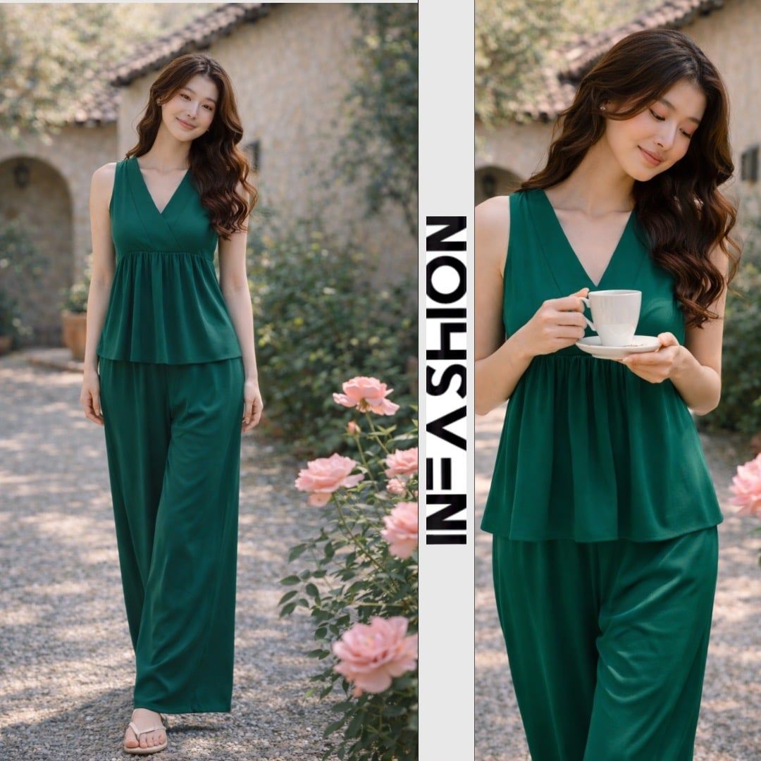  Đồ bộ dài cổ V nhún ống rộng 