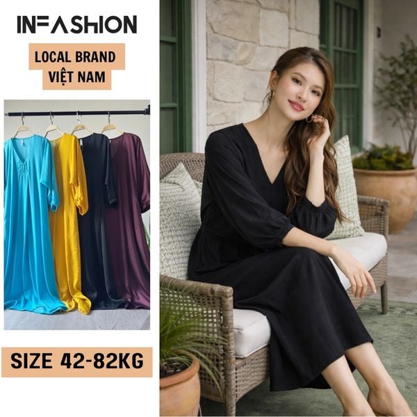  Đầm midi lụa tay liền dài cổ V Infashion 