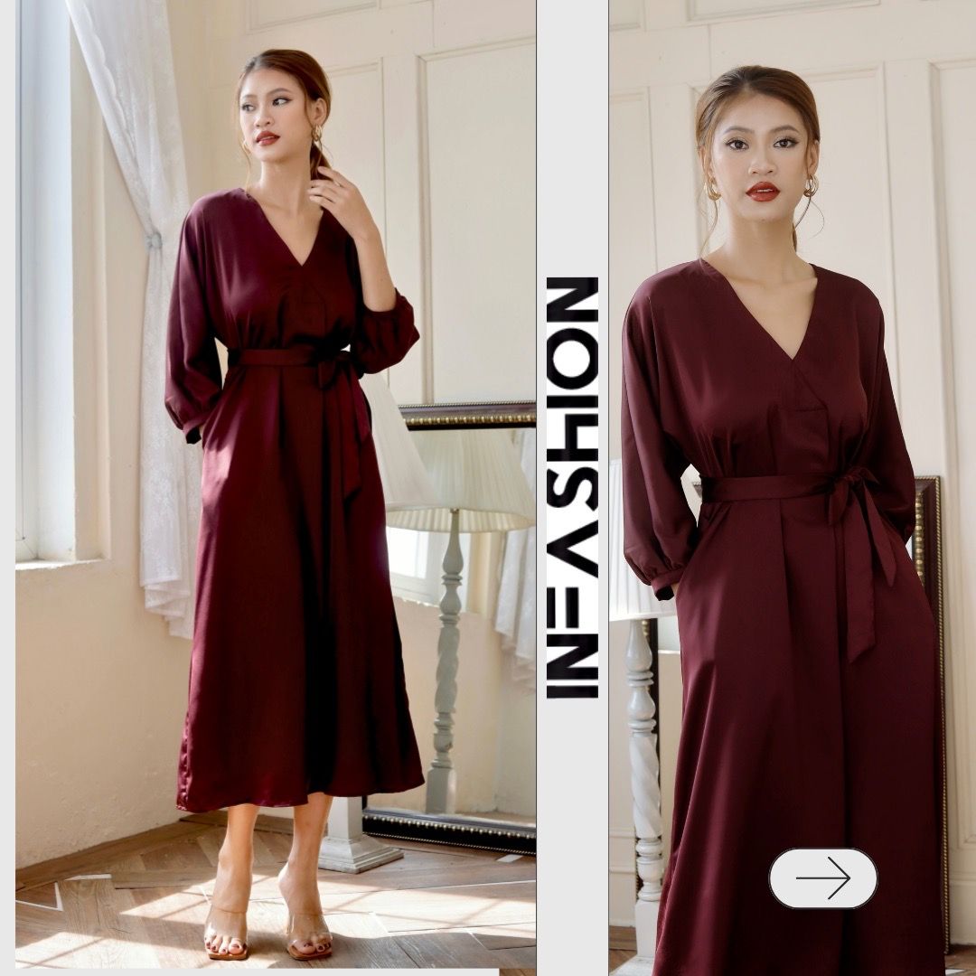  Đầm midi lụa tay liền dài cổ V Infashion 