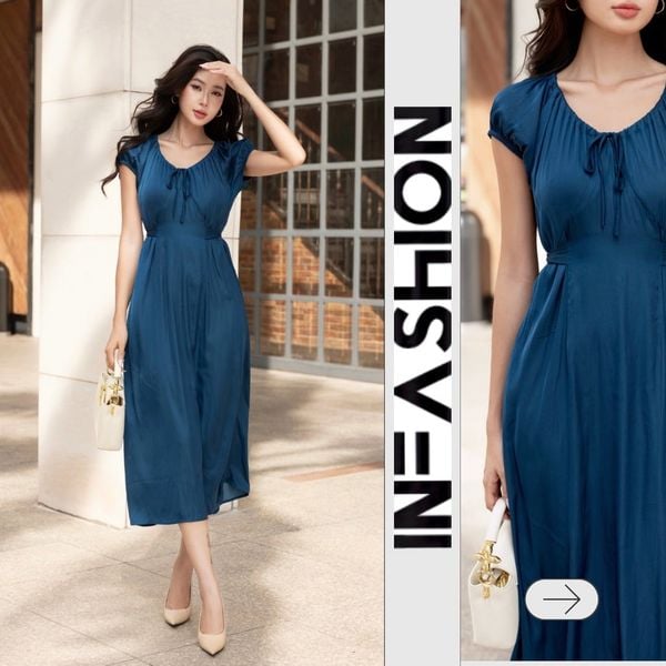  Đầm cổ rút nhún 2 lớp 