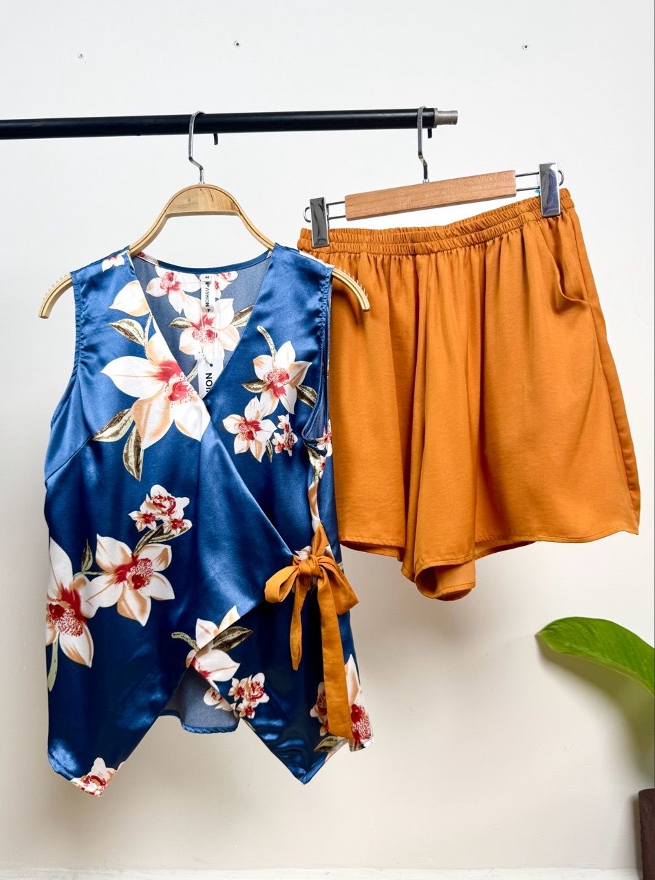  Áo lụa kiểu sọc nhấn nơ Infashion (Set áo hv) 