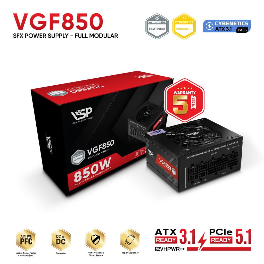 Nguồn VSP VGF850 (850W | Chuẩn SFX / Cybenetics Platinum | Fully Modular | ATX 3.1 & PCIe 5.1)