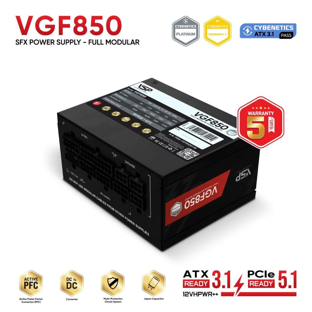 Nguồn VSP VGF850 (850W | Chuẩn SFX / Cybenetics Platinum | Fully Modular | ATX 3.1 & PCIe 5.1)
