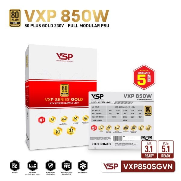  Nguồn Máy Tính VSP VXP850SGVN White (850W / 80 Plus Gold / Full Modular / ATX 3.1) 