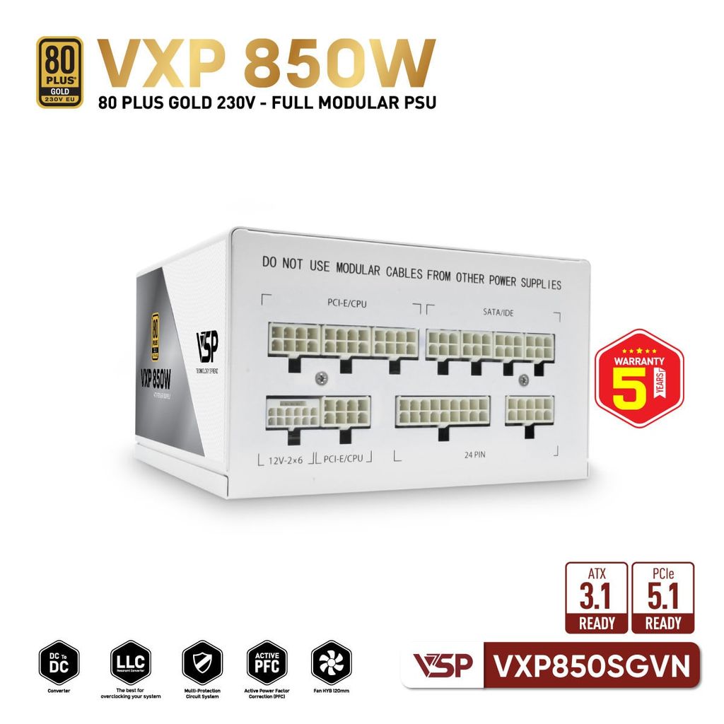 Nguồn Máy Tính VSP VXP850SGVN White (850W / 80 Plus Gold / Full Modular / ATX 3.1)
