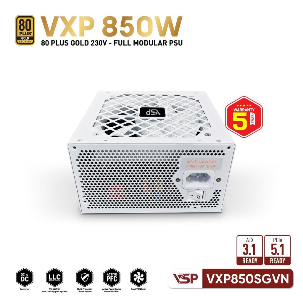 Nguồn Máy Tính VSP VXP850SGVN White (850W / 80 Plus Gold / Full Modular / ATX 3.1)