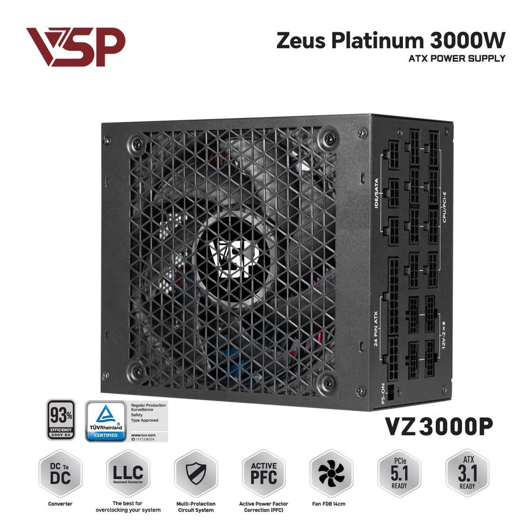 Nguồn VSP Zeus Platinum 3000W (VZ3000P / 80 PLUS Platinum / Full Bridge + LLC Resonant + DC-DC / Full Modular)