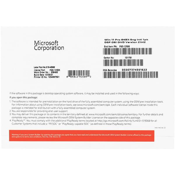  Phần mềm Windows Pro 11 64Bit Eng Intl 1pk DSP OEI DVD - Hàng chính hãng 
