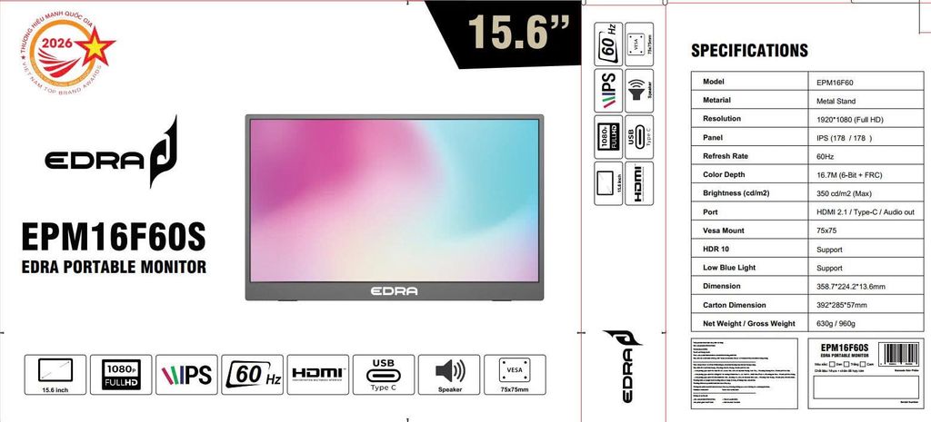 Màn Hình di động EDRA EMP16F60S 15.6 Full HD IPS
