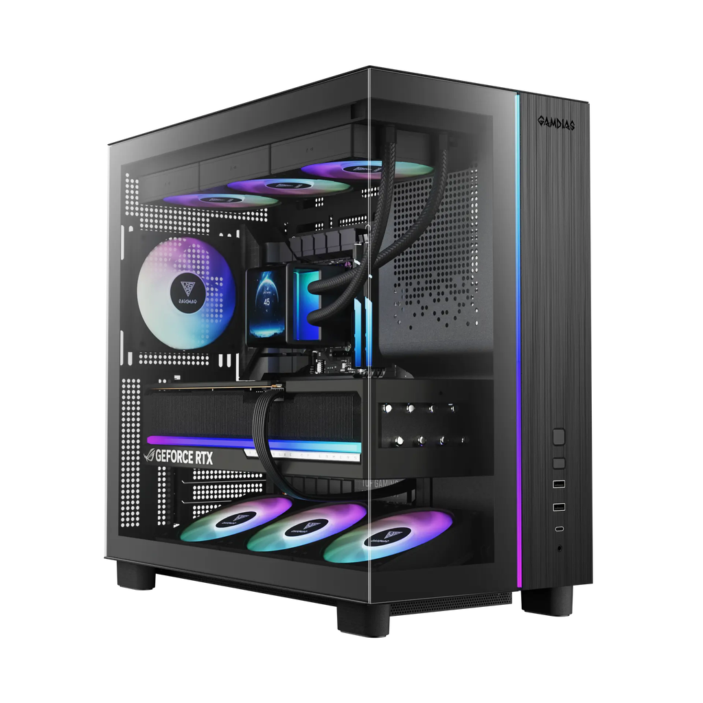Case Máy Tính Gamdias ATLAS M4 Black (Đen/Black, sẵn 4 Fan ARGB)