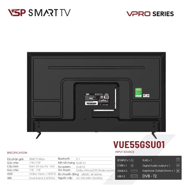 Màn hình VSP Smart Tivi 55inch VUE55GSU01 VPro 4K-UHD