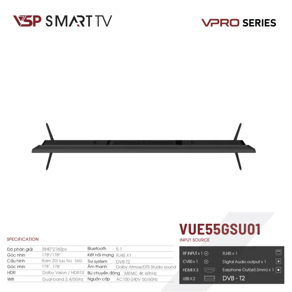Màn hình VSP Smart Tivi 55inch VUE55GSU01 VPro 4K-UHD